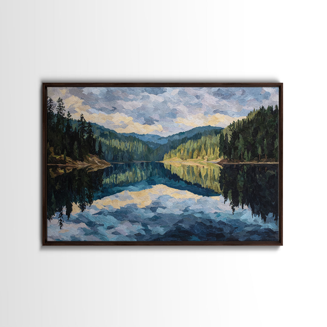 Quiet Lake Reflecting Pine Forest Canvas Print, Landscape Art, Room Decor, Living Room Decor, Fine Art, Horizon, LAN-3x2-56