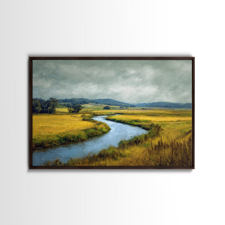 Winding River Through Golden Fields Framed Canvas Print, Landscape Art, Farmhouse Decor, Living Room Decor, Fine Art, Horizon, LAN-3x2-6