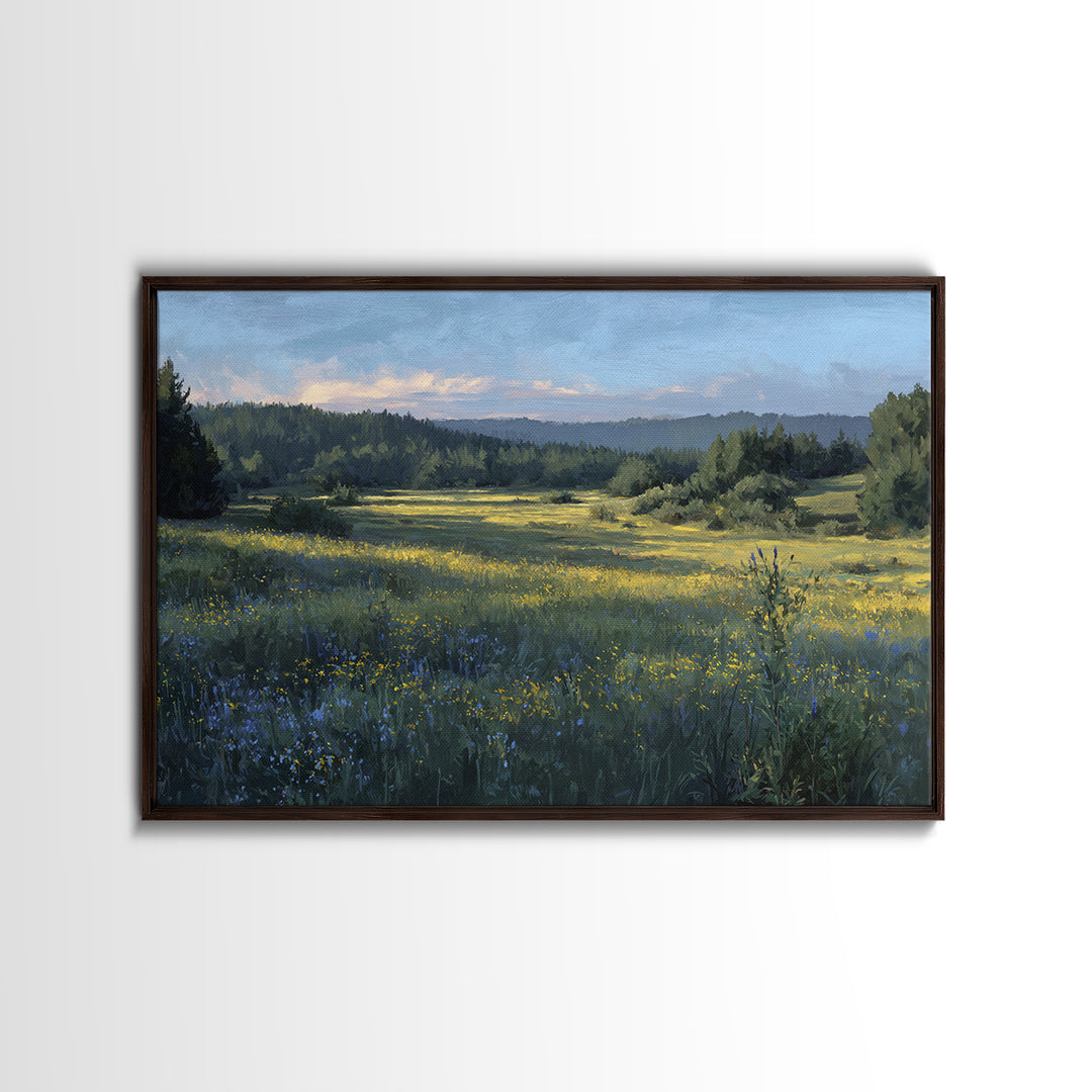 Sunlit Meadow with Wildflowers Framed Canvas Print, Landscape Art, Modern Art, Living Room Decor, Fine Art, Horizon, LAN-3x2-65