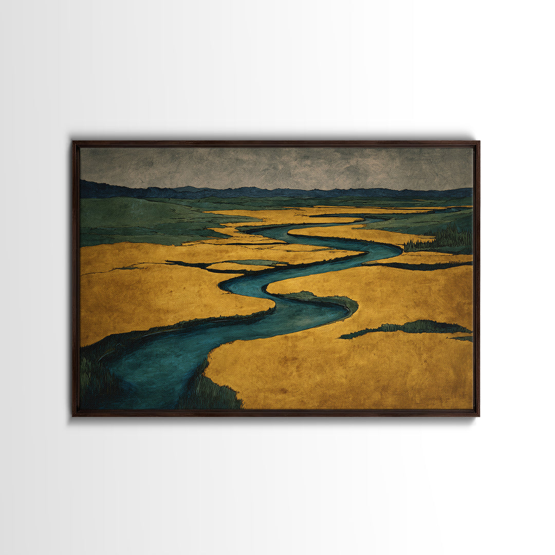 Winding River Through Golden Fields Framed Canvas Print, Landscape Art, Set of 3 Prints, Living Room Decor, Fine Art, Horizon, LAN-3x2-78