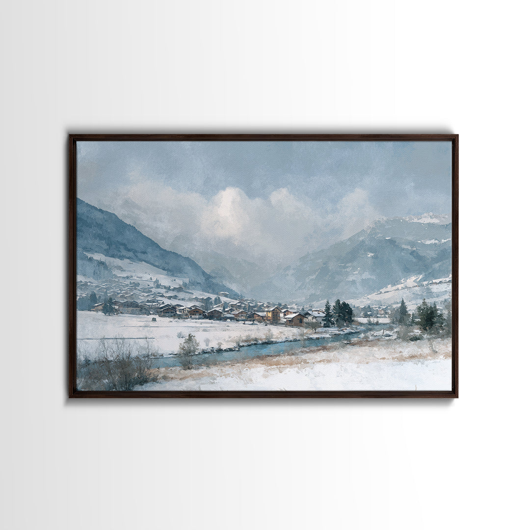 Snow Covered Alpine Village at Dusk Canvas Print, Landscape Art, Framed Wall Art, Living Room Decor, Oil Painting, Horizon, LAN-3x2-83