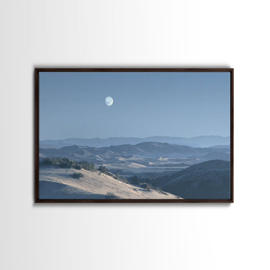 Desert Dunes under Pale Moon Framed Canvas Print, Landscape Art, Wall Decor, Living Room Decor, Fine Art, Horizon, LAN-3x2-87