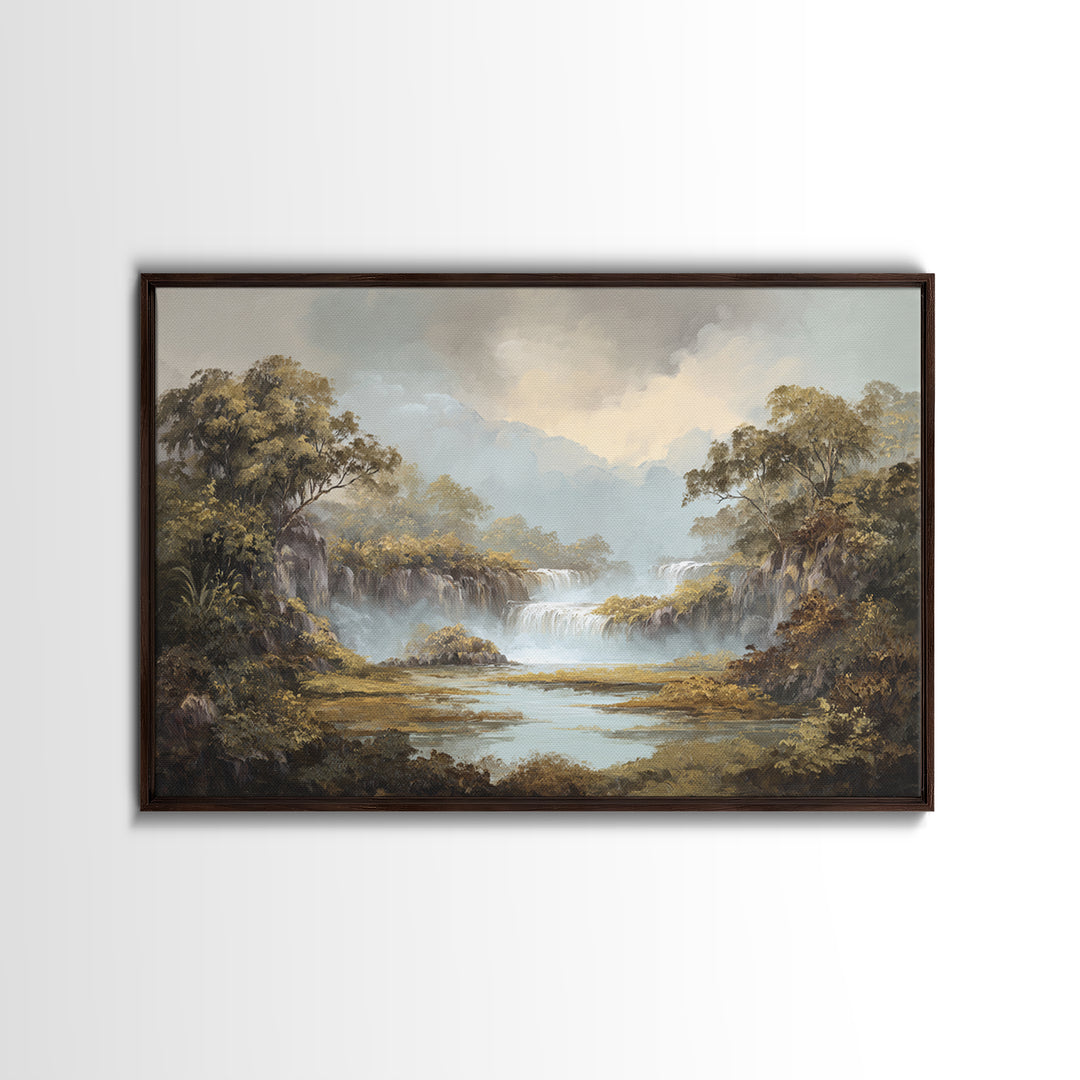 Tropical Jungle Waterfall Framed Canvas Print, Landscape Art, Digital Prints, Living Room Decor, Horizon, Farmhouse Decor, LAN-3x2-92
