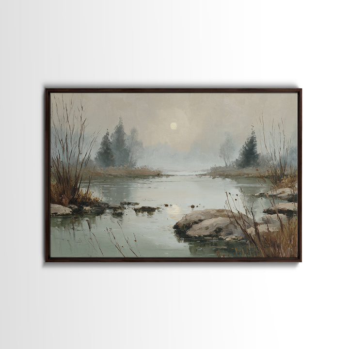 Moonlit River with Silver Reflections Framed Canvas Print, Landscape Art, Luxury Decor, Living Room Decor, Fine Art, Horizon, LAN-3x2-97