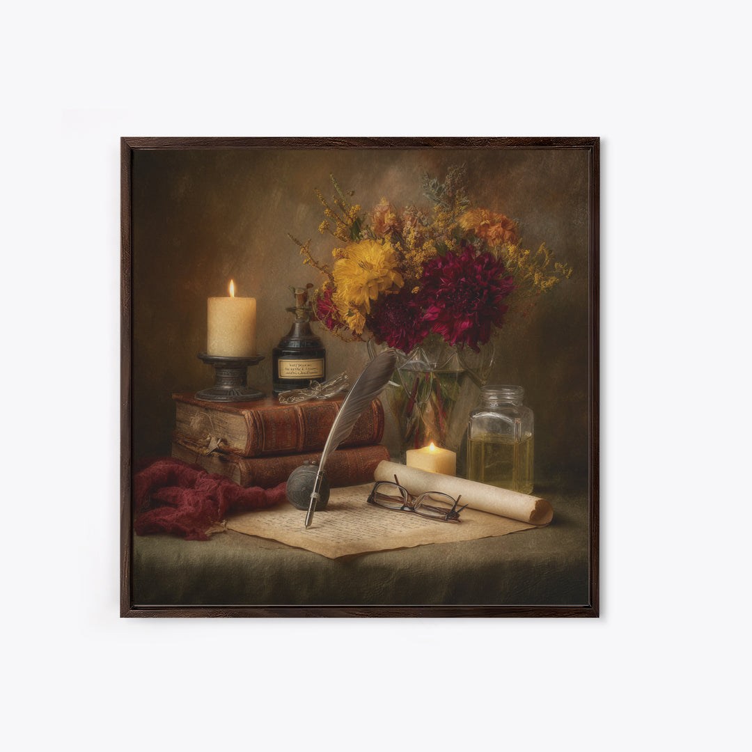 Fountain Pen and Parchment Framed Canvas Print, Library Art, Painting, Library Decor, Fine Art, Archive, Halloween Printable, LIB-1x1-12