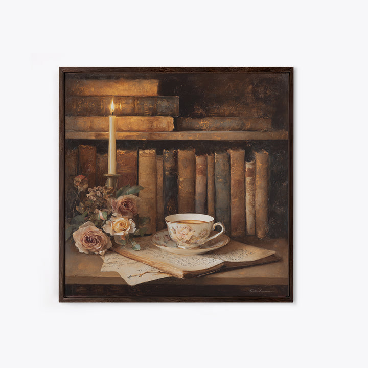 Teacup Beside a Novel and Roses Canvas Print, Library Art, Black Cat Art, Library Decor, Fine Art, Archive, Luxury Decor, LIB-1x1-14
