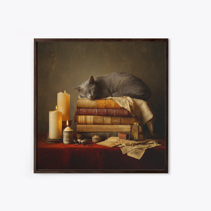 Cat Sleeping on a Book Stack Canvas Print, Library Art, Moody Wall Art, Library Decor, Fine Art, Archive, Gallery Decor, LIB-1x1-31