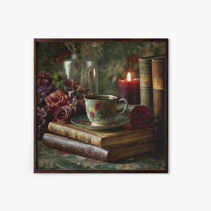 Teacup Beside a Novel and Roses Framed Canvas Print, Library Art, Gallery Decor, Library Decor, Fine Art, Archive, Wall Art, LIB-1x1-38
