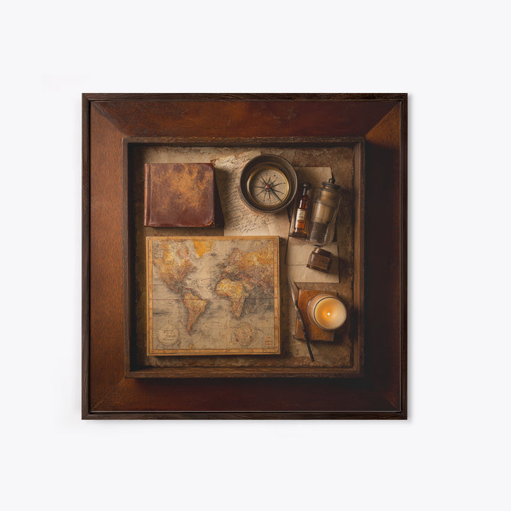 Map and Compass on Leather Bound Atlas Framed Canvas Print, Library Art, Room Decor, Library Decor, Fine Art, Archive, LIB-1x1-40