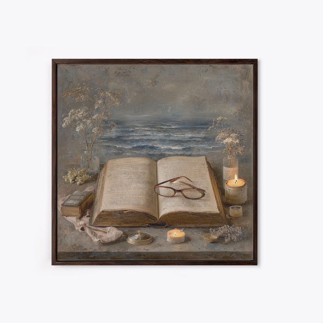 Stormy Sea Painting Inside an Open Book Framed Canvas Print, Library Art, Dark Academia Art, Library Decor, Abstract Art, LIB-1x1-42