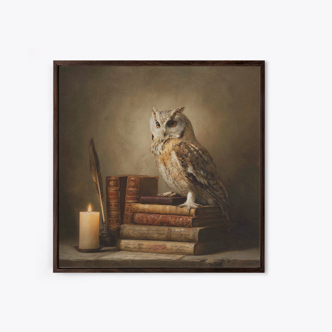 Owl Perched on a Pile of Antique Canvas Print, Library Art, Gothic Wall Decor, Library Decor, Fine Art, Archive, LIB-1x1-50