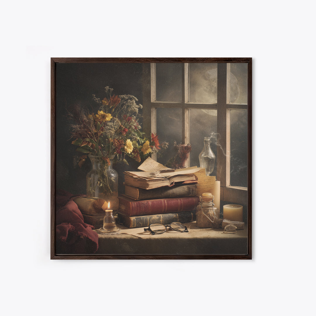 Moonlit Window with Floating Pages Framed Canvas Print, Library Art, Dark Academia Decor, Library Decor, Fine Art, Archive, LIB-1x1-56