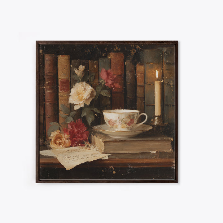 Teacup Beside a Novel and Roses Framed Canvas Print, Library Art, Gallery Decor, Library Decor, Fine Art, Archive, Wall Art, LIB-1x1-62