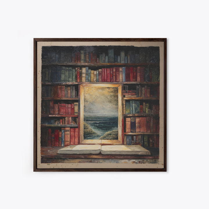 Stormy Sea Painting Inside an Open Book Framed Canvas Print, Library Art, Dark Academia Art, Library Decor, Abstract Art, LIB-1x1-66