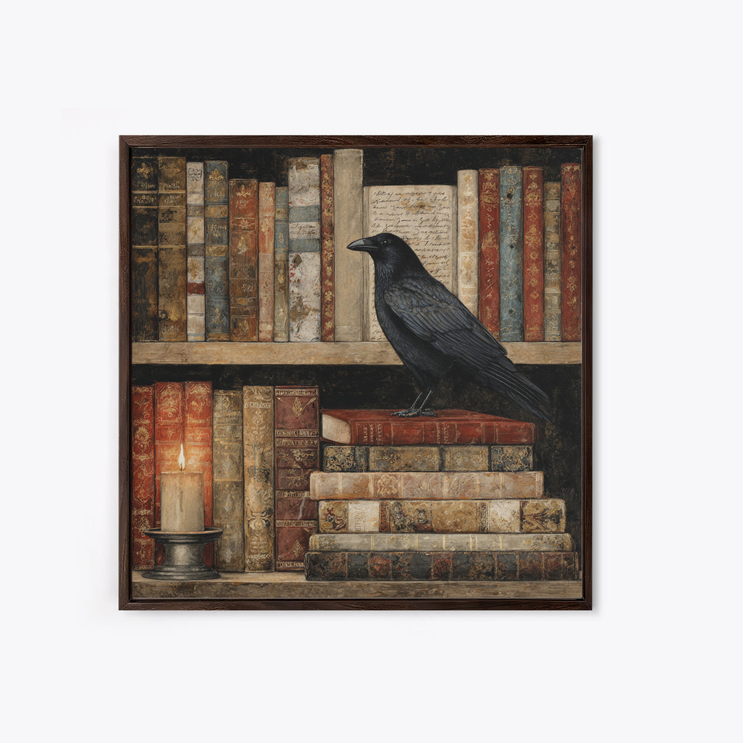Black Raven Perched on Closed Book Framed Canvas Print, Library Art, Reading Nook Decor, Library Decor, Fine Art, Archive, LIB-1x1-70