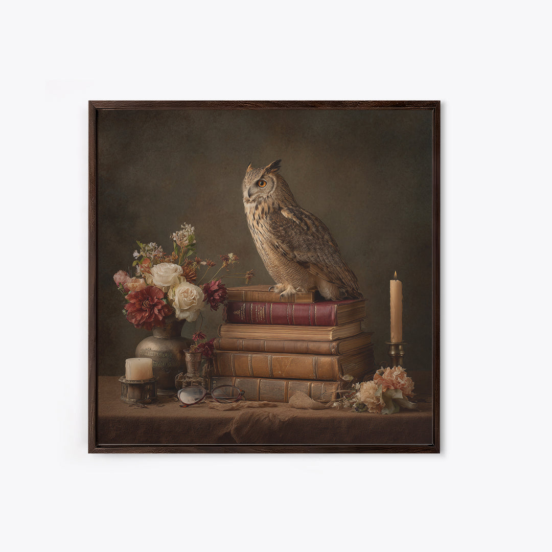 Owl Perched on a Pile of Antique Framed Canvas Print, Library Art, Fine Art Print, Library Decor, Fine Art, Archive, Painting, LIB-1x1-74