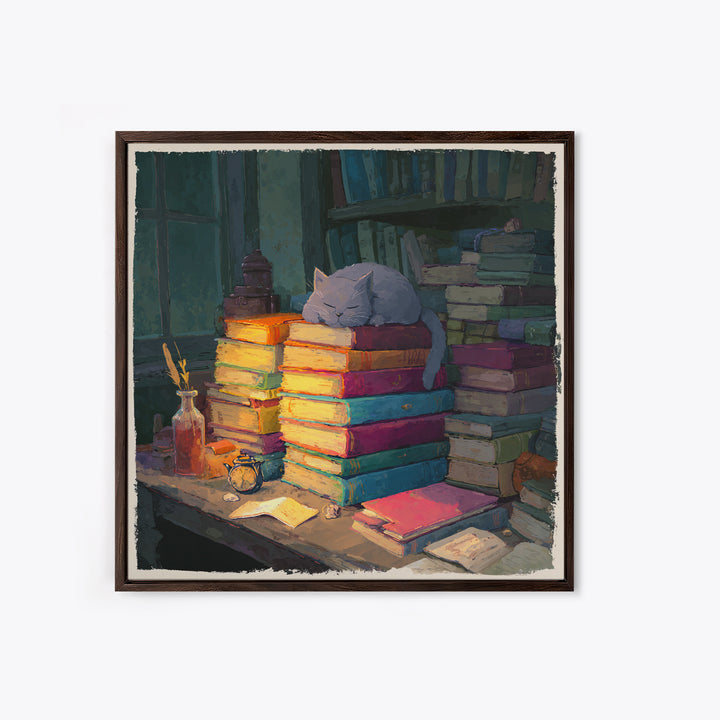 Cat Sleeping on a Book Stack Framed Canvas Print, Library Art, Boho Decor, Library Decor, Oil Painting, Archive, Digital Art, LIB-1x1-79