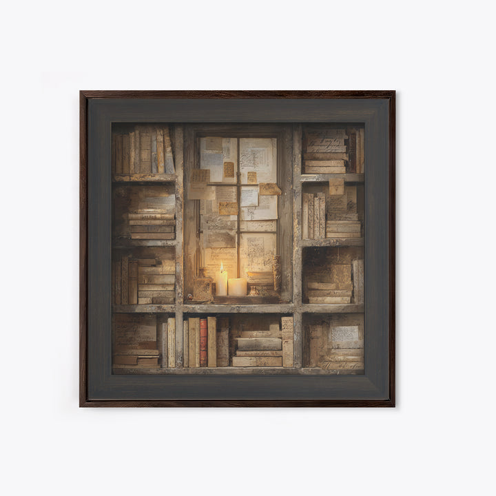 Moonlit Window with Floating Pages Framed Canvas Print, Library Art, Fine Art Print, Library Decor, Fine Art, Archive, LIB-1x1-80
