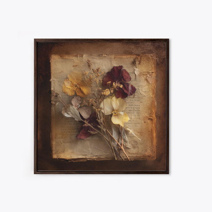 Botanical Pressed Flowers Inside Old Pages Canvas Print, Library Art, Painting, Library Decor, Oil Painting, Archive, LIB-1x1-81