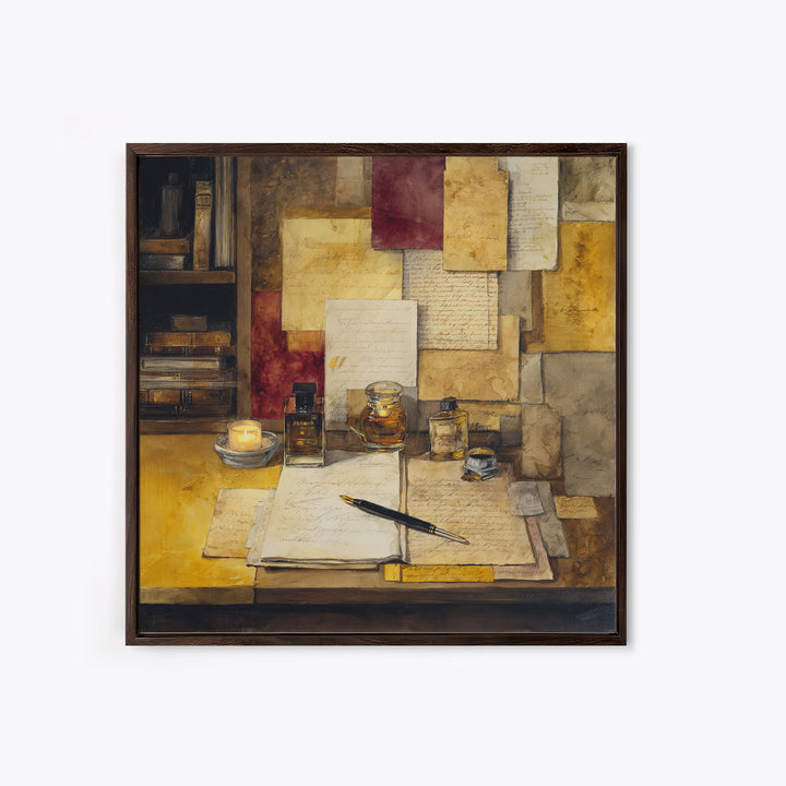 Fountain Pen and Parchment Framed Canvas Print, Library Art, Dark Academia Art, Library Decor, Abstract Art, Archive, LIB-1x1-84