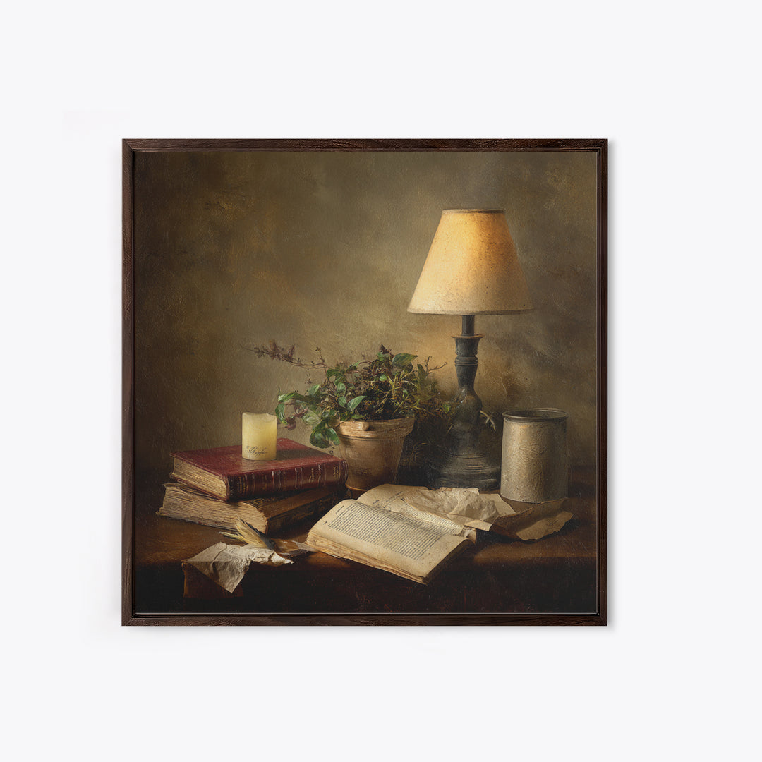 Warm Reading Lamp and Small Plant Still Framed Canvas Print, Library Art, Wall Art, Library Decor, Oil Painting, Archive, LIB-1x1-93