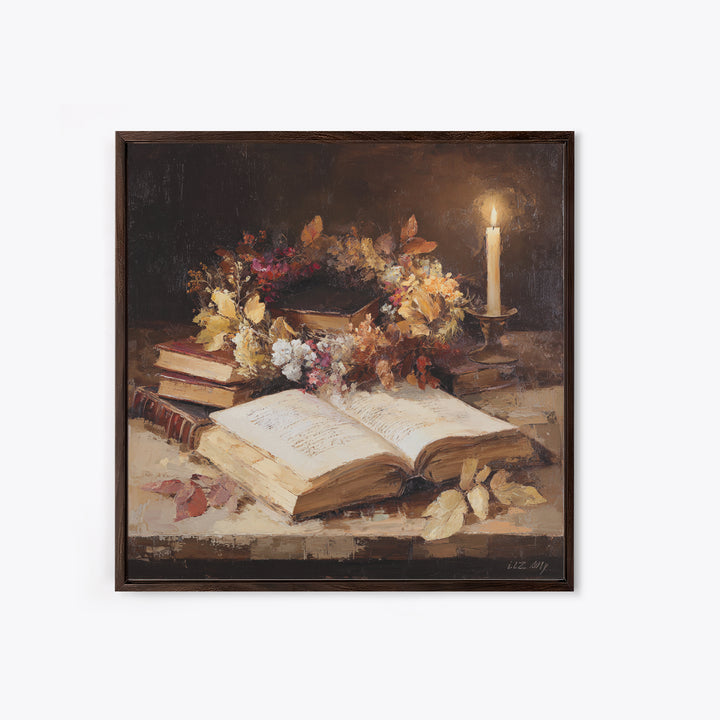 Botanical Wreath Surrounding an Open Book Framed Canvas Print, Library Art, Printable Wall Art, Library Decor, Archive, LIB-1x1-96