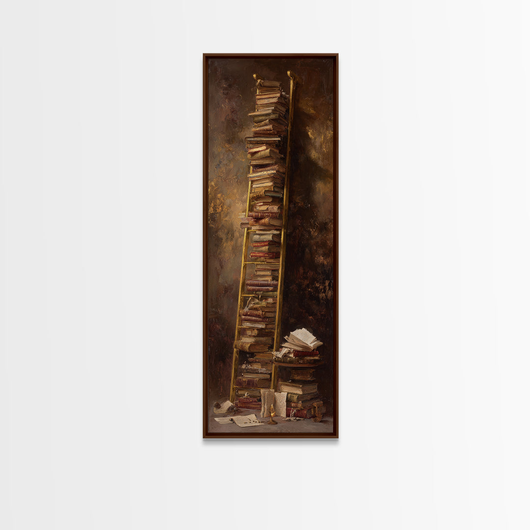 Rolling Library Ladder Framed Canvas Print, Library Art, Wall Art Print, Library Decor, Abstract Art, Archive, LIB-1x3-15
