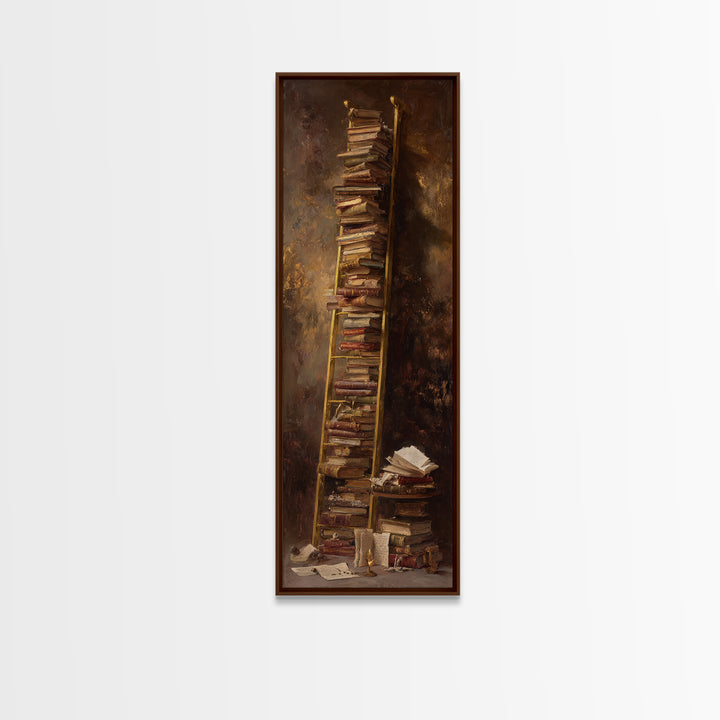 Rolling Library Ladder Framed Canvas Print, Library Art, Wall Art Print, Library Decor, Abstract Art, Archive, LIB-1x3-15