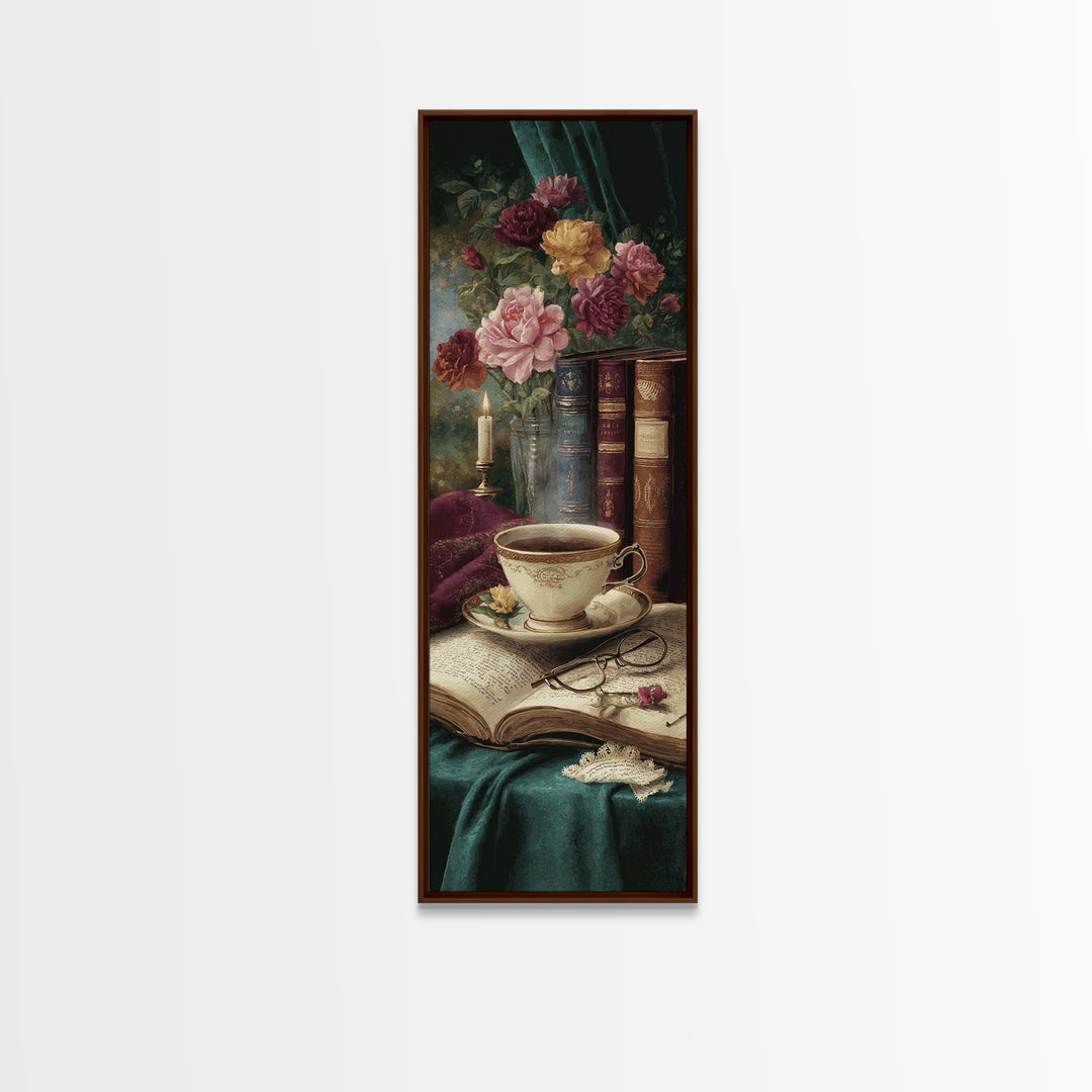 Teacup Beside a Novel and Roses Canvas Print, Library Art, Gothic Wall Decor, Library Decor, Fine Art, Archive, LIB-1x3-26