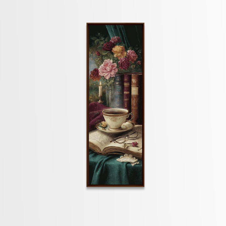 Teacup Beside a Novel and Roses Canvas Print, Library Art, Gothic Wall Decor, Library Decor, Fine Art, Archive, LIB-1x3-26