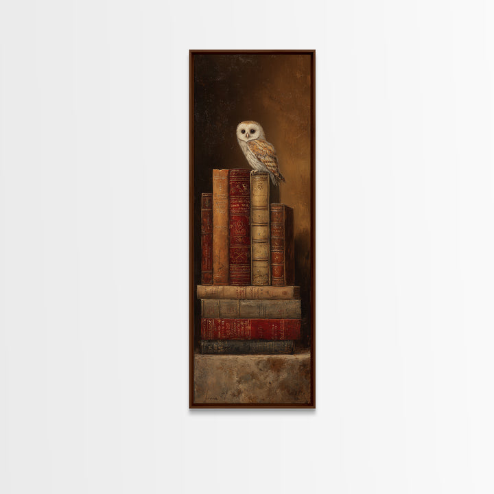 Owl Perched on a Pile of Antique Canvas Print, Library Art, Gallery Decor, Library Decor, Fine Art, Archive, Wall Art, LIB-1x3-38