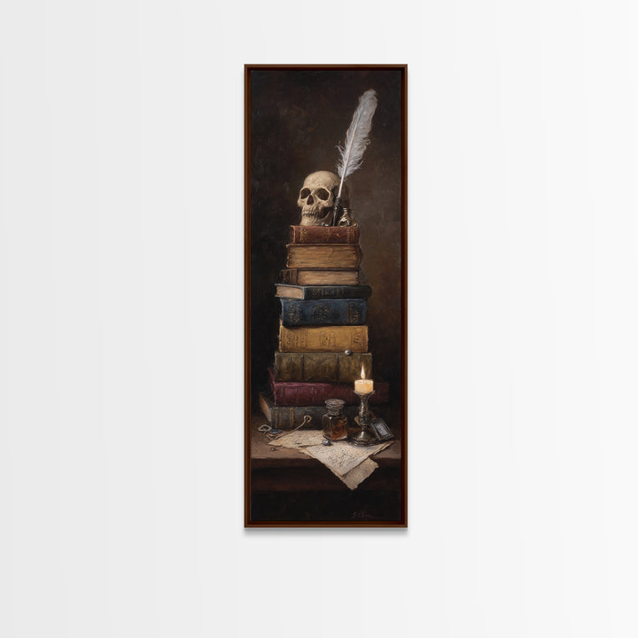 Dark Academia Skull Book and Quill Still Canvas Print, Library Art, Black Cat Art, Library Decor, Archive, Luxury Decor, LIB-1x3-41