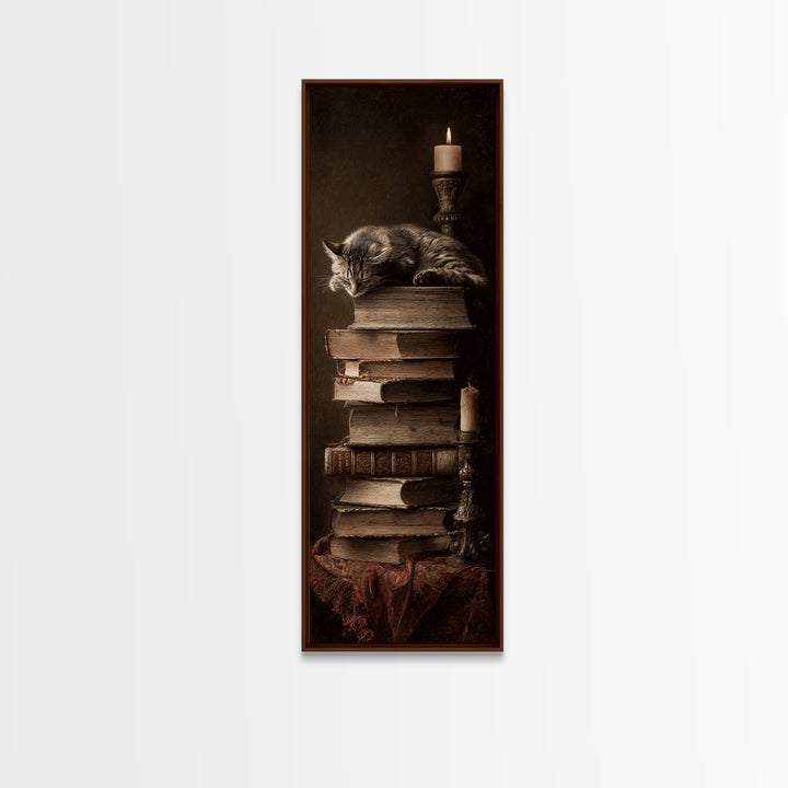 Cat Sleeping on a Book Stack Canvas Print, Library Art, Moody Wall Art, Library Decor, Fine Art, Archive, Gallery Decor, LIB-1x3-43