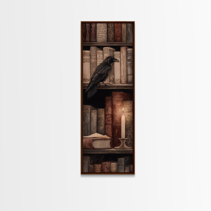Black Raven Perched on Closed Book Framed Canvas Print, Library Art, Halloween Wall Art, Library Decor, Watercolor Art, Archive, LIB-1x3-58