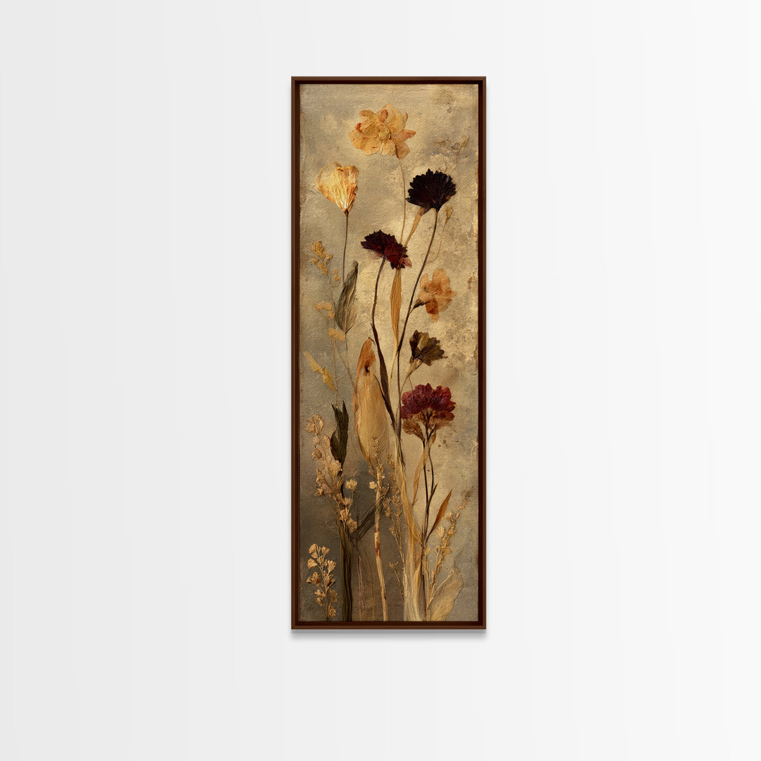 Botanical Pressed Flowers Inside Old Pages Framed Canvas Print, Library Art, Wall Art, Library Decor, Watercolor Art, Archive, LIB-1x3-69