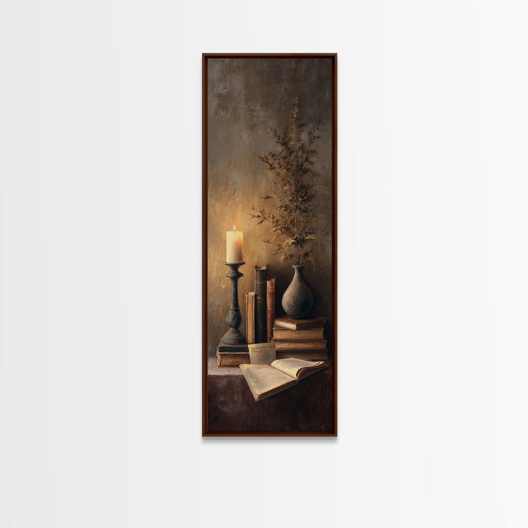 Warm Reading Lamp and Small Plant Still Canvas Print, Library Art, Bookish Decor, Library Decor, Archive, Modern Decor, LIB-1x3-81