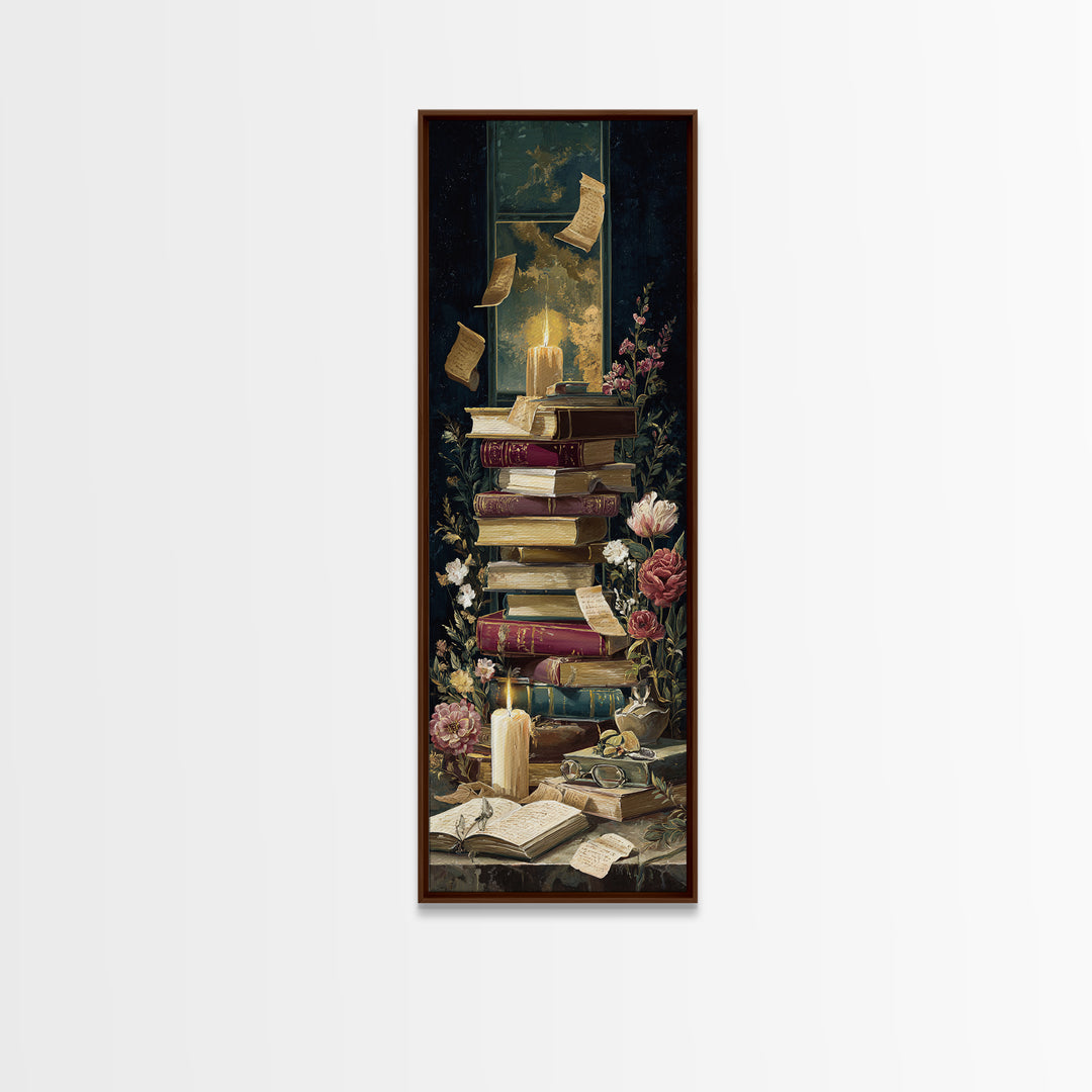 Moonlit Window with Floating Pages Framed Canvas Print, Library Art, Black Cat Art, Library Decor, Fine Art, Archive, LIB-1x3-92