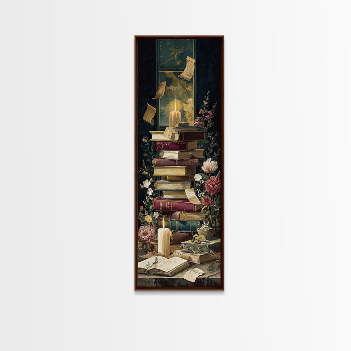 Moonlit Window with Floating Pages Framed Canvas Print, Library Art, Black Cat Art, Library Decor, Fine Art, Archive, LIB-1x3-92