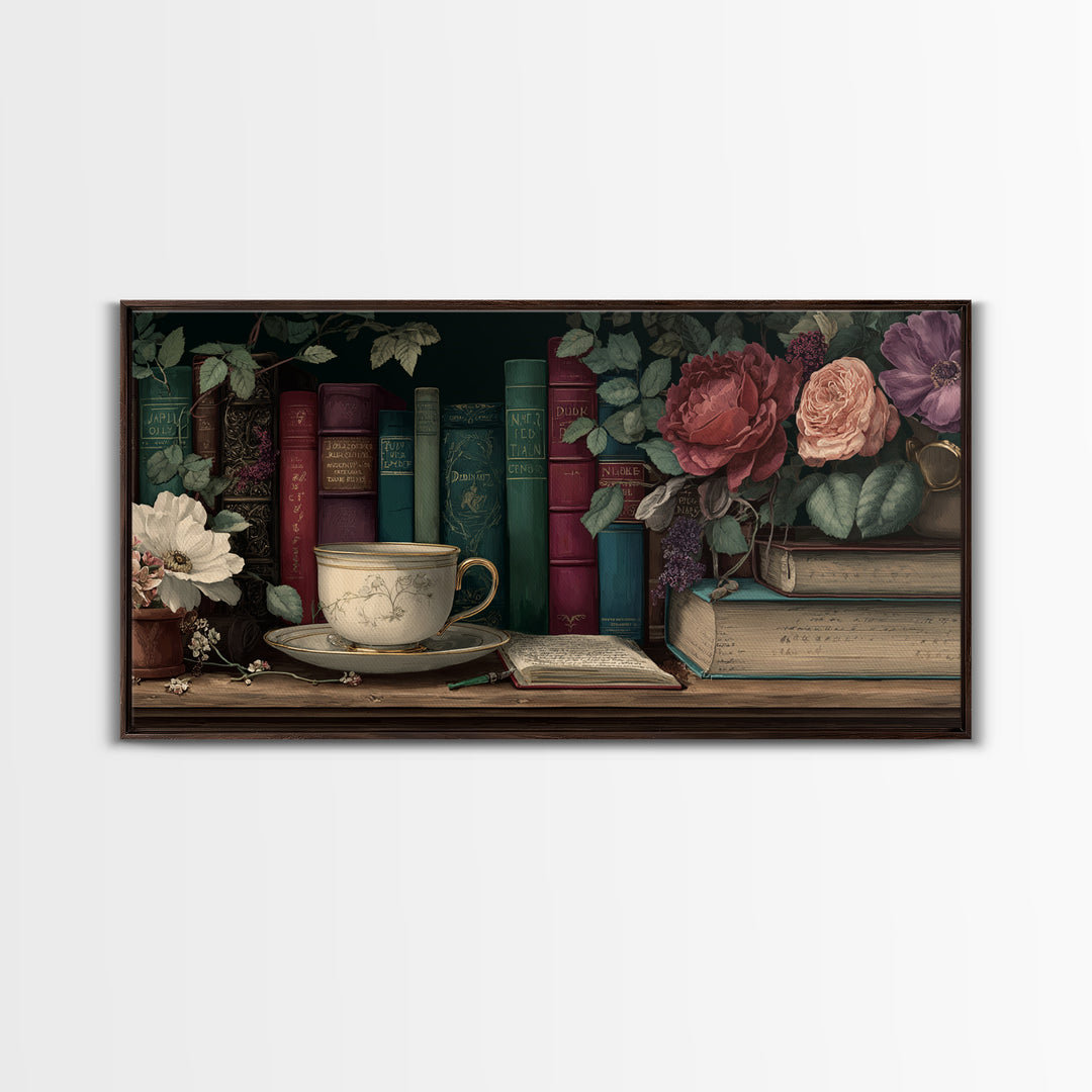 Teacup Beside a Novel and Roses Framed Canvas Print, Library Art, Contemporary Art, Library Decor, Fine Art, Archive, LIB-2x1-10