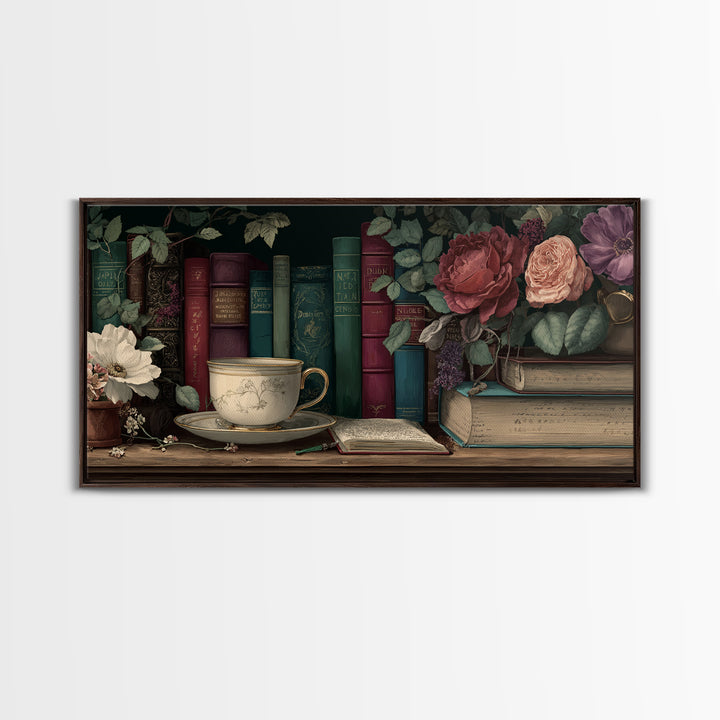 Teacup Beside a Novel and Roses Framed Canvas Print, Library Art, Contemporary Art, Library Decor, Fine Art, Archive, LIB-2x1-10