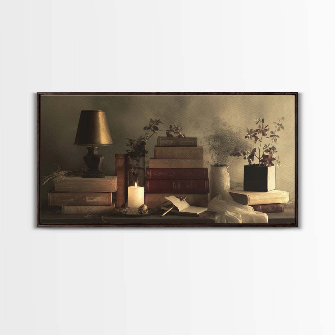 Warm Reading Lamp and Small Plant Still Canvas Print, Library Art, Printable Wall Art, Library Decor, Fine Art, Archive, LIB-2x1-17