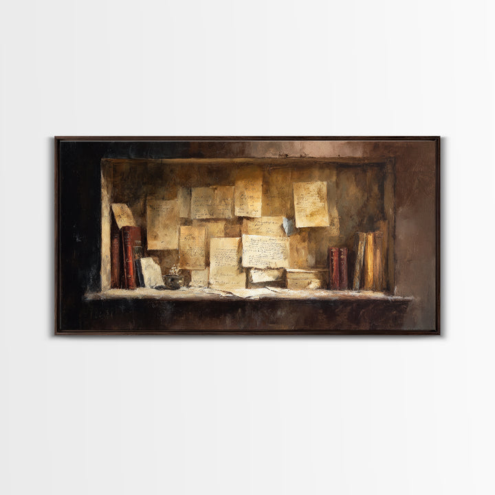 Moonlit Window with Floating Pages Framed Canvas Print, Library Art, Contemporary Art, Library Decor, Fine Art, Archive, LIB-2x1-28