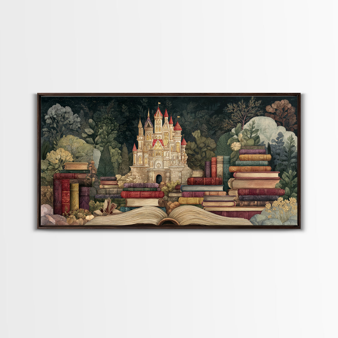 Storybook Castle Emerging from Open Book Framed Canvas Print, Library Art, Wall Art, Library Decor, Oil Painting, Archive, LIB-2x1-35