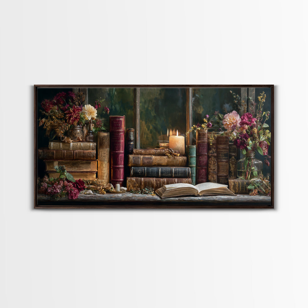 Old Books Stacked Framed Canvas Print, Library Art, Watercolor Painting, Library Decor, Oil Painting, Archive, Black Cat Art, LIB-2x1-45
