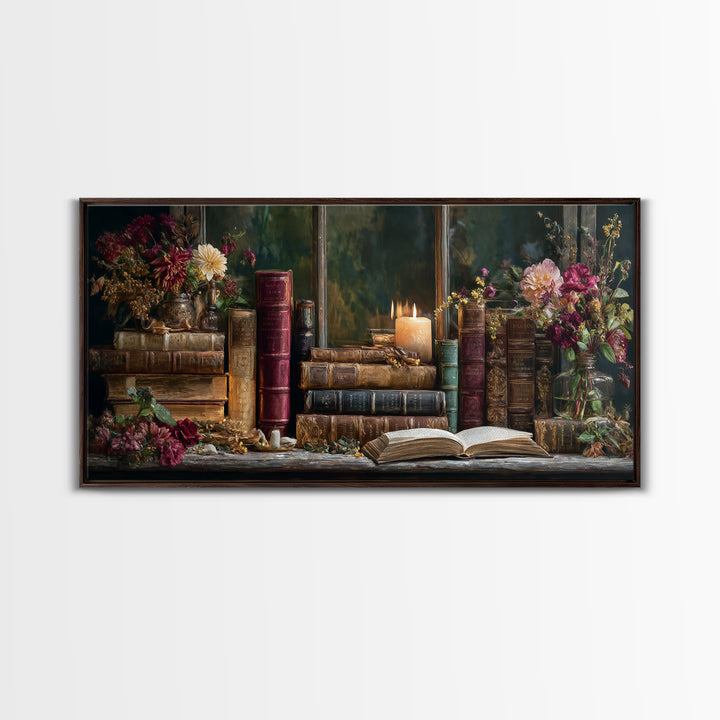 Old Books Stacked Framed Canvas Print, Library Art, Watercolor Painting, Library Decor, Oil Painting, Archive, Black Cat Art, LIB-2x1-45