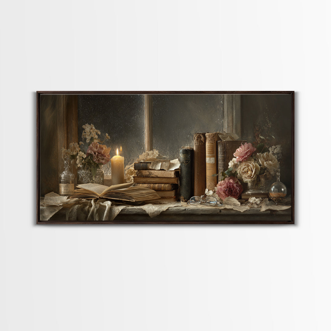 Moonlit Window with Floating Pages Canvas Print, Library Art, Digital Art, Library Decor, Fine Art, Archive, Watercolor Art, LIB-2x1-52