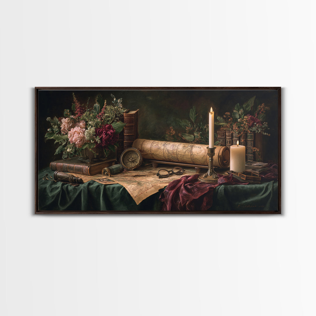 Map and Compass on Leather Bound Atlas Framed Canvas Print, Library Art, Gothic Home Decor, Library Decor, Oil Painting, LIB-2x1-60