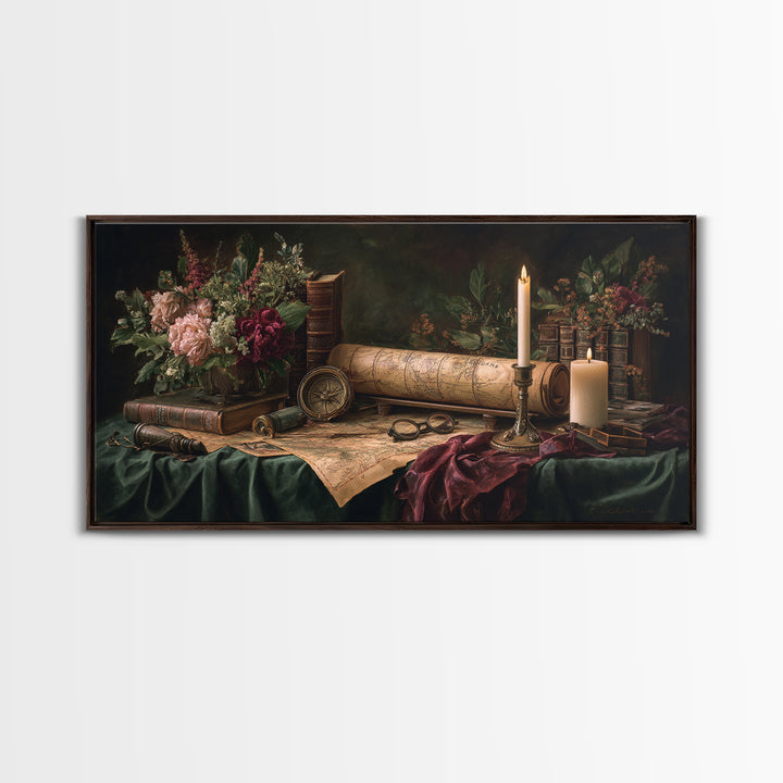 Map and Compass on Leather Bound Atlas Framed Canvas Print, Library Art, Gothic Home Decor, Library Decor, Oil Painting, LIB-2x1-60