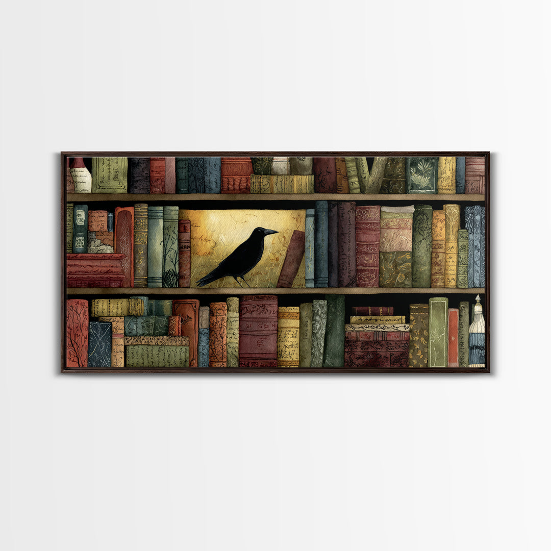 Black Raven Perched on Closed Book Canvas Print, Library Art, Library Decor, Watercolor Art, Archive, Unique Wall Art, LIB-2x1-66
