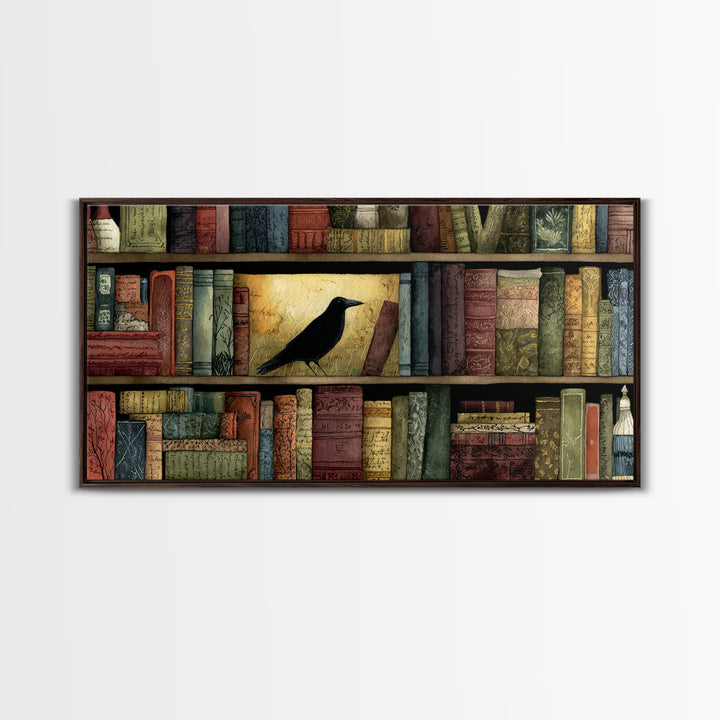 Black Raven Perched on Closed Book Canvas Print, Library Art, Library Decor, Watercolor Art, Archive, Unique Wall Art, LIB-2x1-66